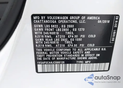 2018 Volkswagen Atlas 2.0T S из США, поврежденный, VIN 1V2AP2CA6JC598125